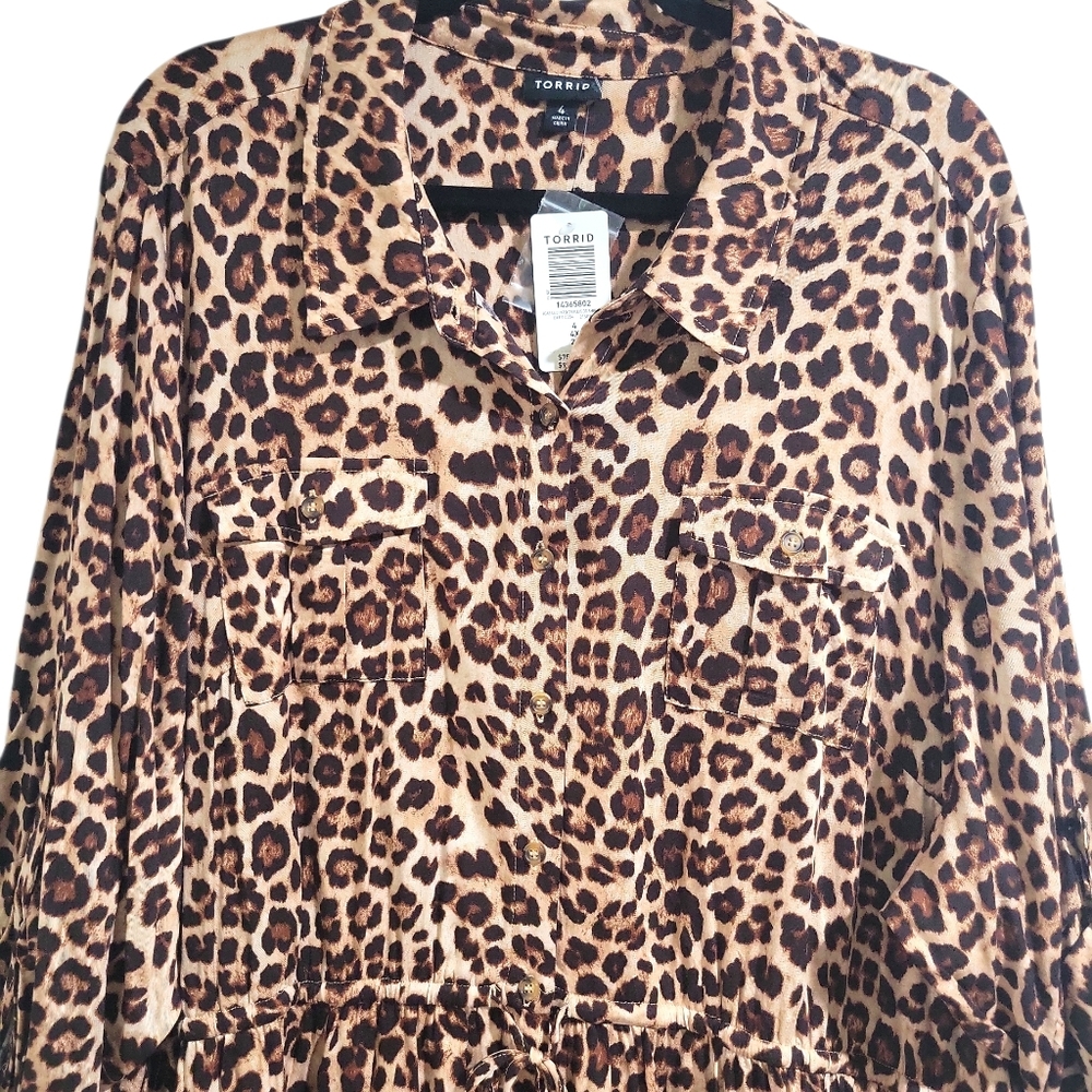 Torrid Women's Leopard Print Chalis Midi Dress NWT Size 4X Drawstring Buttons - Picture 11 of 16